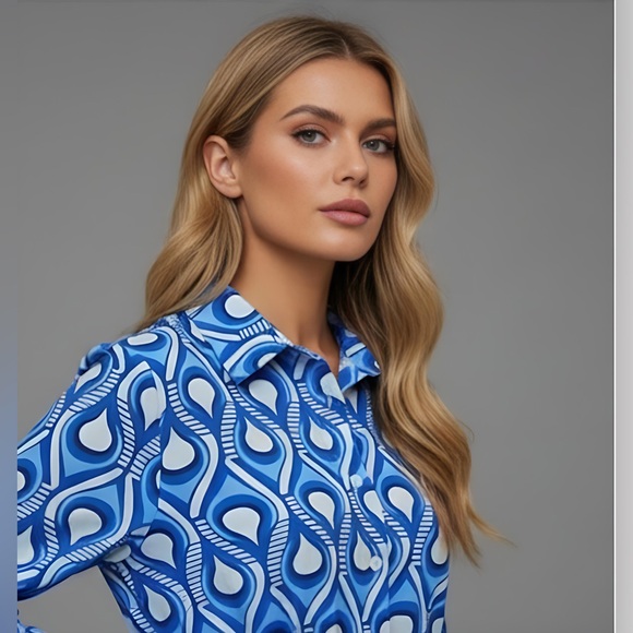 Blue and White Print Shirt Dress - Picture 2 of 9